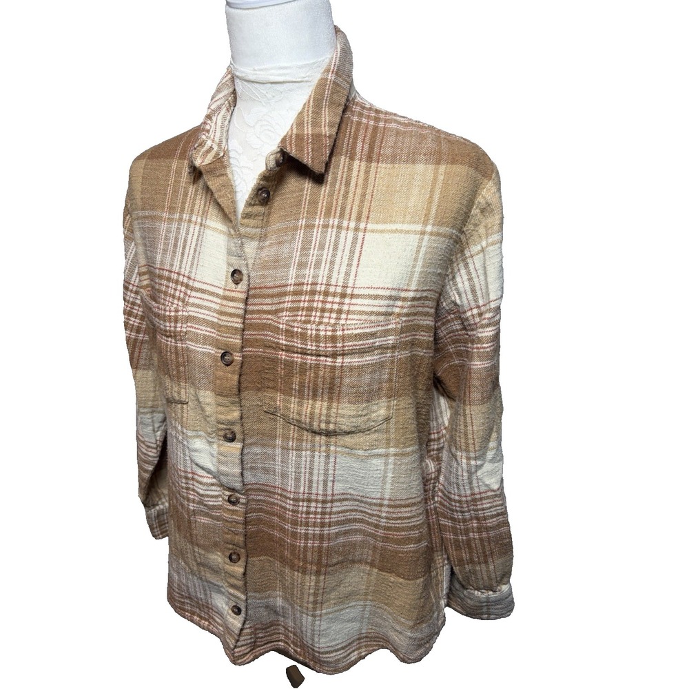 Madewell Shirt Womens M Tan Plaid Relaxed Pockets Long Sleeve Cabincore Cozy